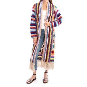 NEW SAACHI fringed crochet long kimono in beige